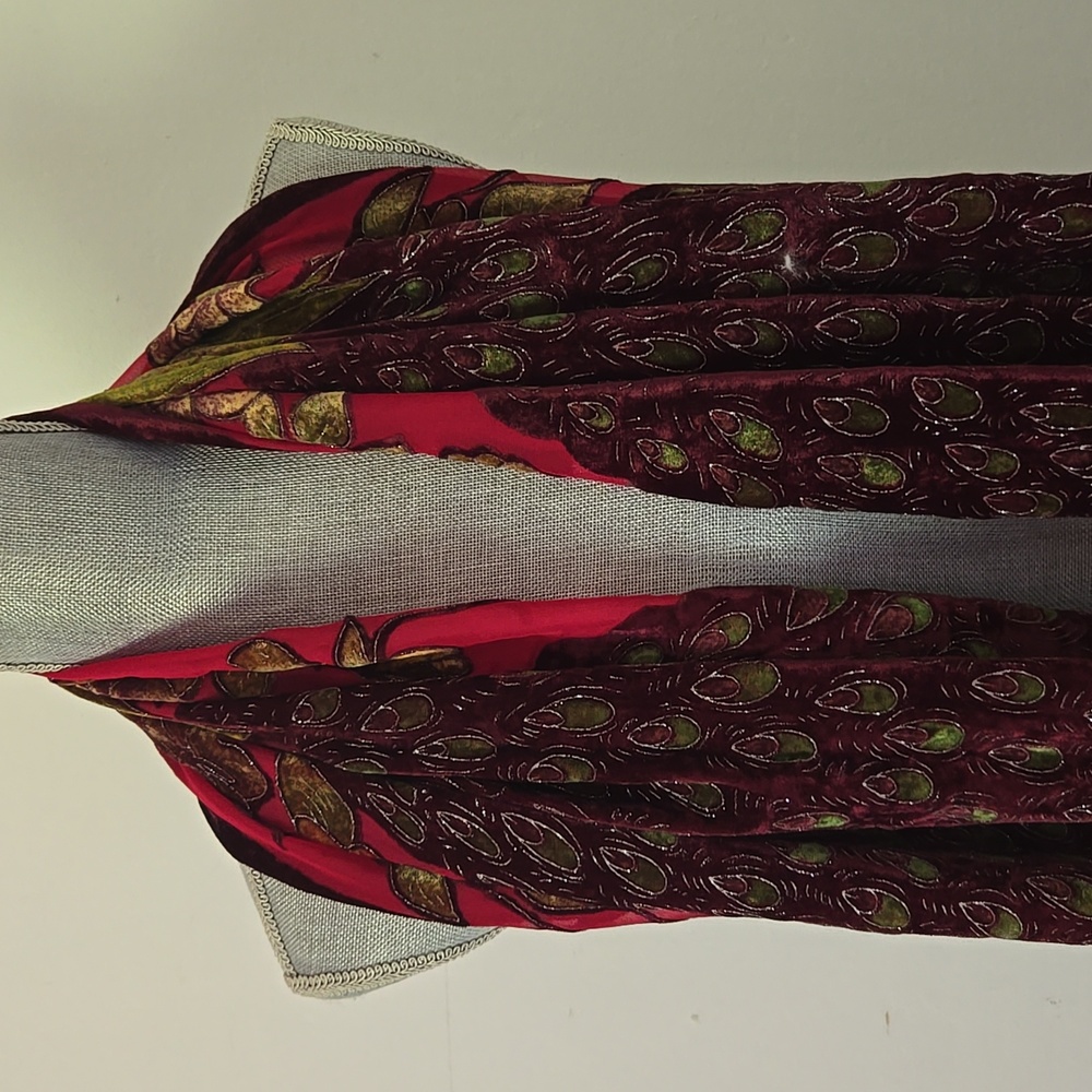 VINTAGE 90s Peacock Fringed Silk Velvet Burnout Shawl Scarf